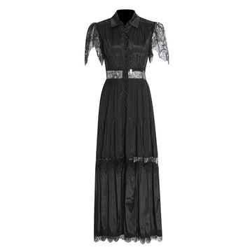 Black Rose Lace Stitched 2025 New Women's Summer Collar Short-Sleeved Long Solid Dress